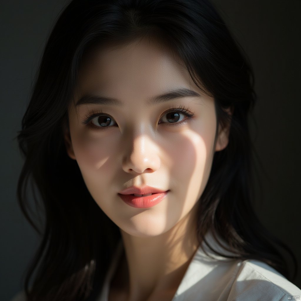 (masterpiece, best quality, high resolution),1 chinese girl,black hair,beautiful detailed eyes,cinematic angle,soft light,extremely detailed face,long eyelashes,skin details,light smile,looking at viewer,light and shadow details,
