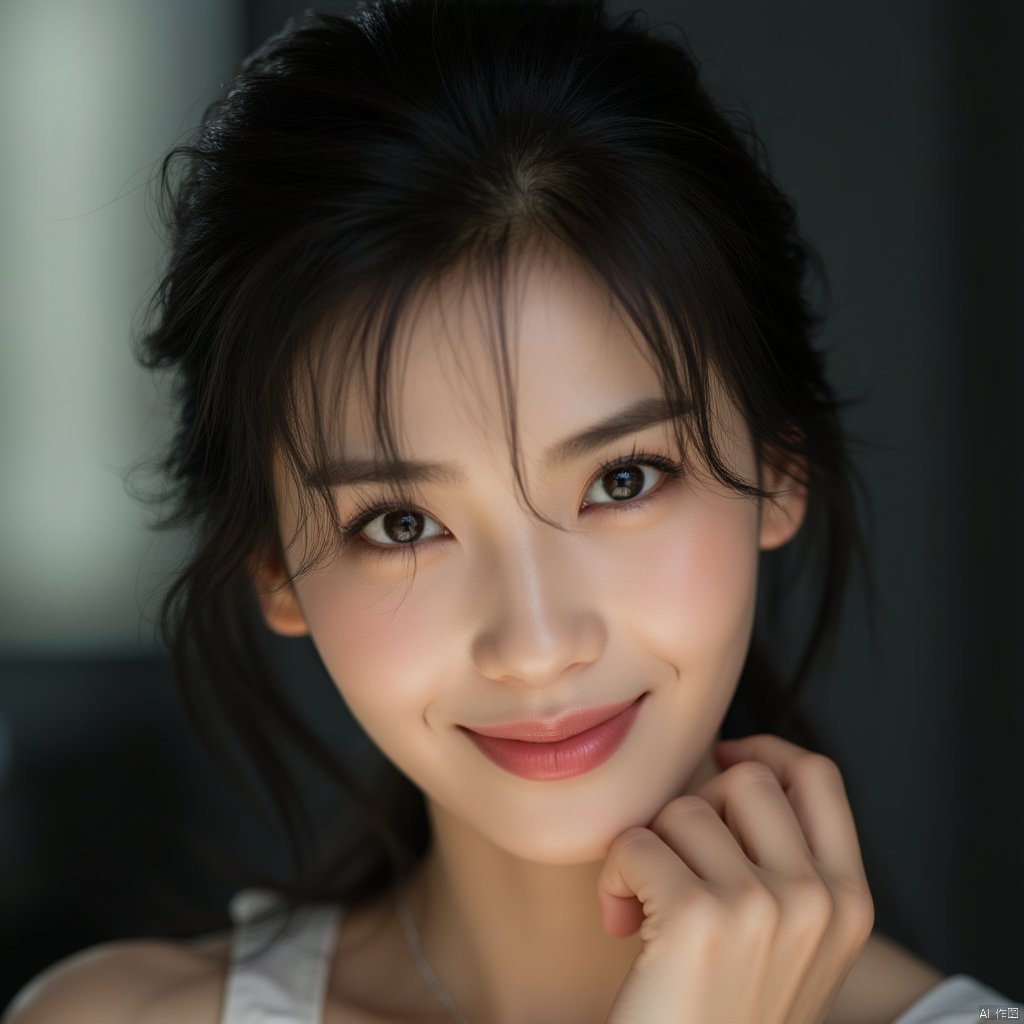 (masterpiece, best quality, high resolution),1 chinese girl,black hair,beautiful detailed eyes,cinematic angle,soft light,extremely detailed face,long eyelashes,skin details,light smile,looking at viewer,light and shadow details,
