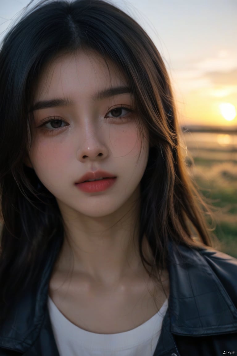 1girl, solo, long hair, looking at viewer, black hair, jacket, upper body, outdoors, parted lips, blurry, lips, blurry background, messy hair, sunset