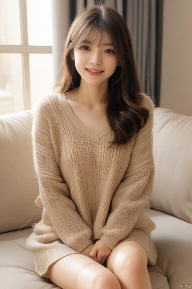 1girl, solo, long hair, looking at viewer, smile, brown hair, long sleeves, brown eyes, sitting, closed mouth, barefoot, indoors, sweater, lips, legs, bare legs, window, sunlight, crossed legs, couch, v arms, realistic, sweater dress