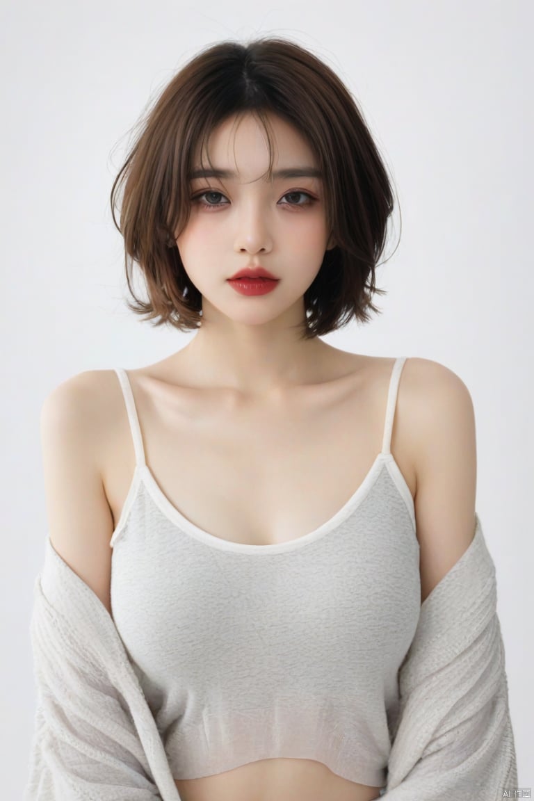 1girl, solo, breasts, looking at viewer, short hair, simple background, brown hair, shirt, white background, bare shoulders, brown eyes, closed mouth, collarbone, upper body, lips, halterneck, realistic, red lips