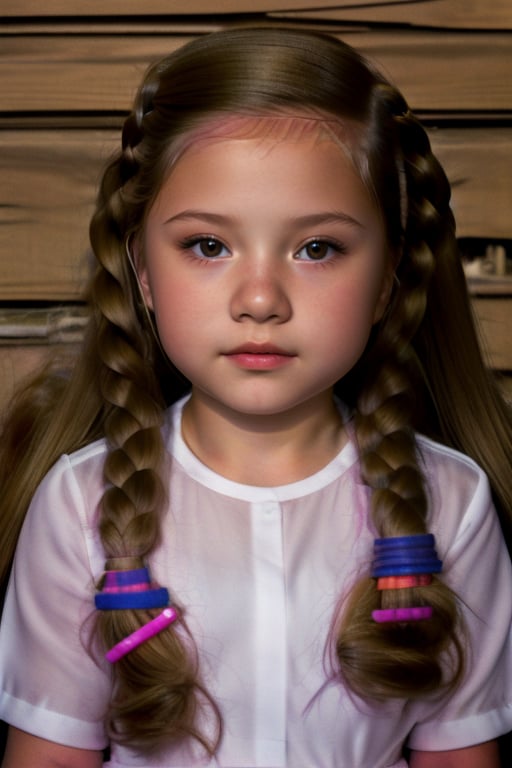 full body image , very scared,little girl, (6 years old), with makeup, with braids ,4NA P4TR1C14