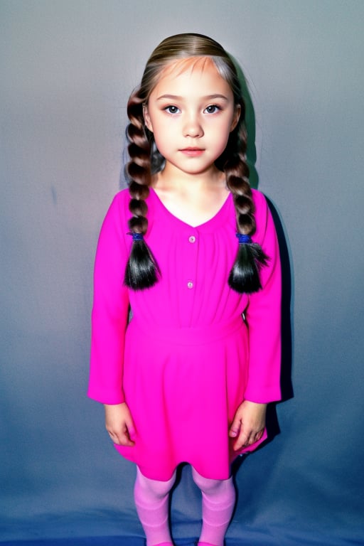 full body image , very scared,little girl, (6 years old), with makeup, with braids ,4NA P4TR1C14