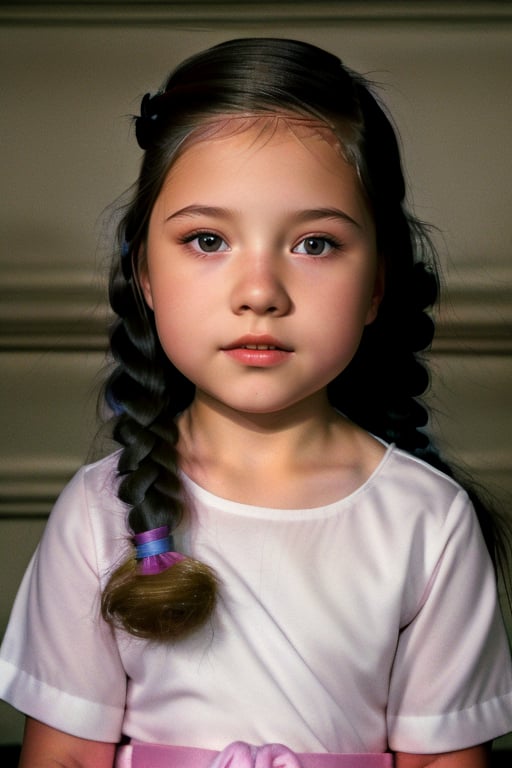 very scared,little girl, (6 years old), with makeup, with braids ,4NA P4TR1C14