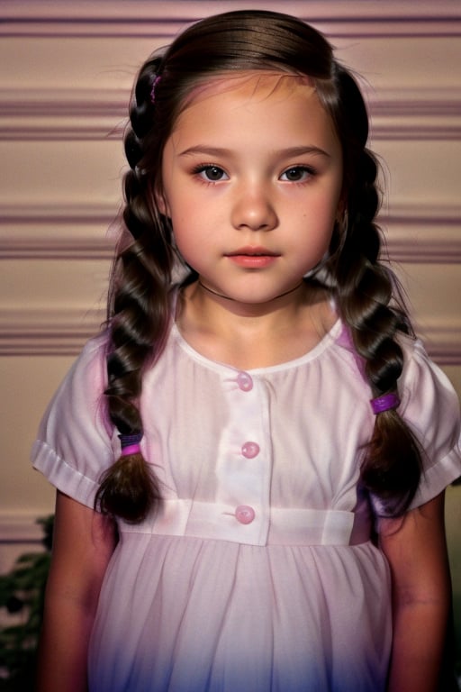 full body image , very scared,little girl, (6 years old), with makeup, with braids ,4NA P4TR1C14