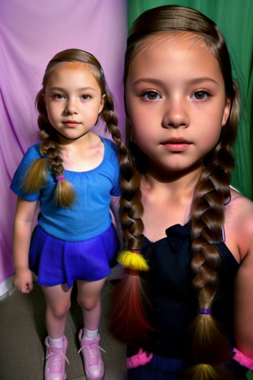 full body image , very scared,little girl, (6 years old), with makeup, with braids ,4NA P4TR1C14