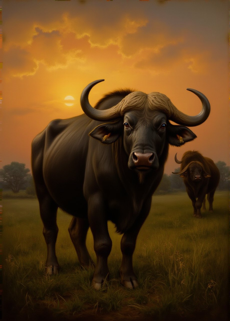 Water buffalo, at Dusk, detailed, masterpiece, breathtaking painting pavsok Style