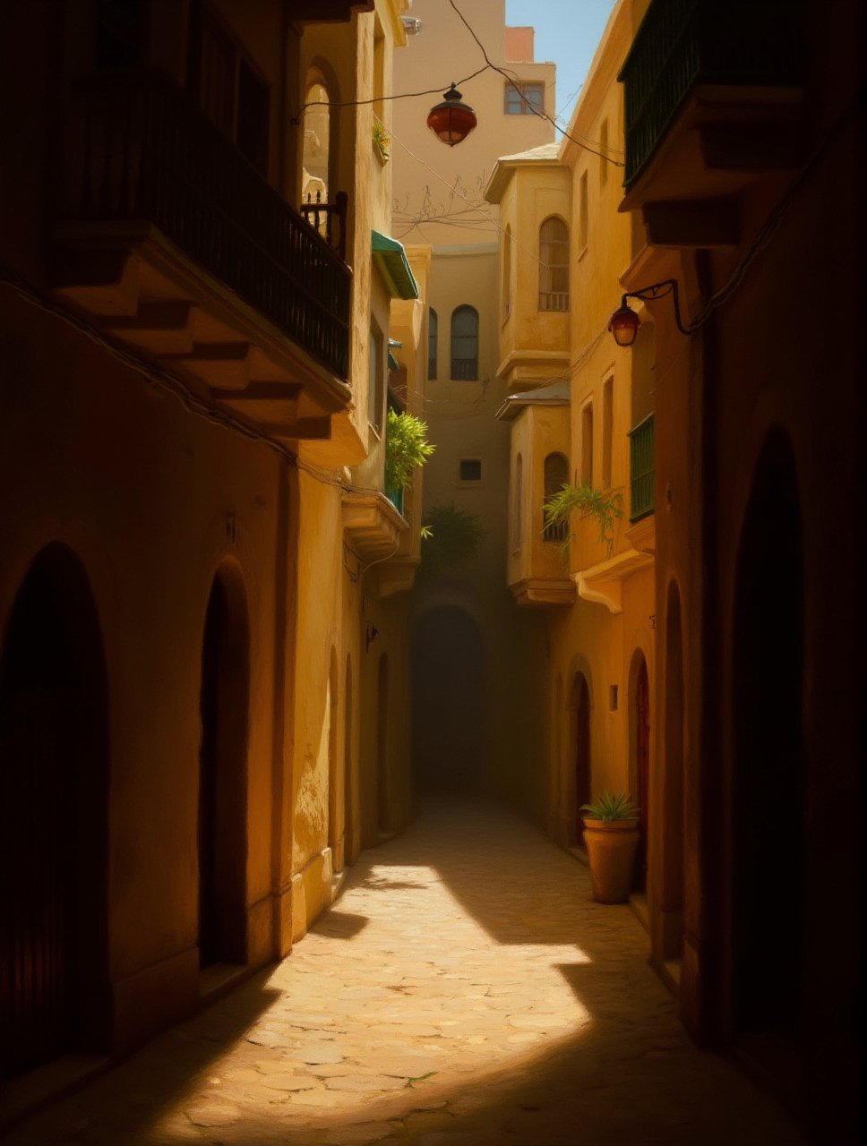 atmospheric, loose brushwork, dramatic light and shadow, magnificent, scene, intricate,radiant, magnificent, cinematic atmosphere, magical atmosphere, ،illustrious quality, intense,oriental vibes in Morocco, arab city alley!,pavsok Style