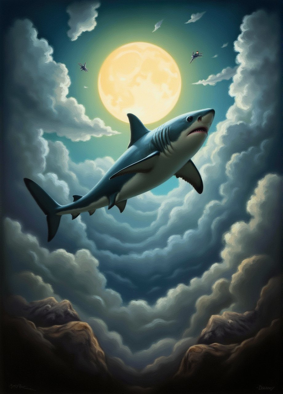 Shark, in an alien world flying in the clouds, 
 volumetric lighting, Best quality breathtaking, background, geometric patterns, vibrant colors, intricate details, detailed, masterpiece, breathtaking painting pavsok Style