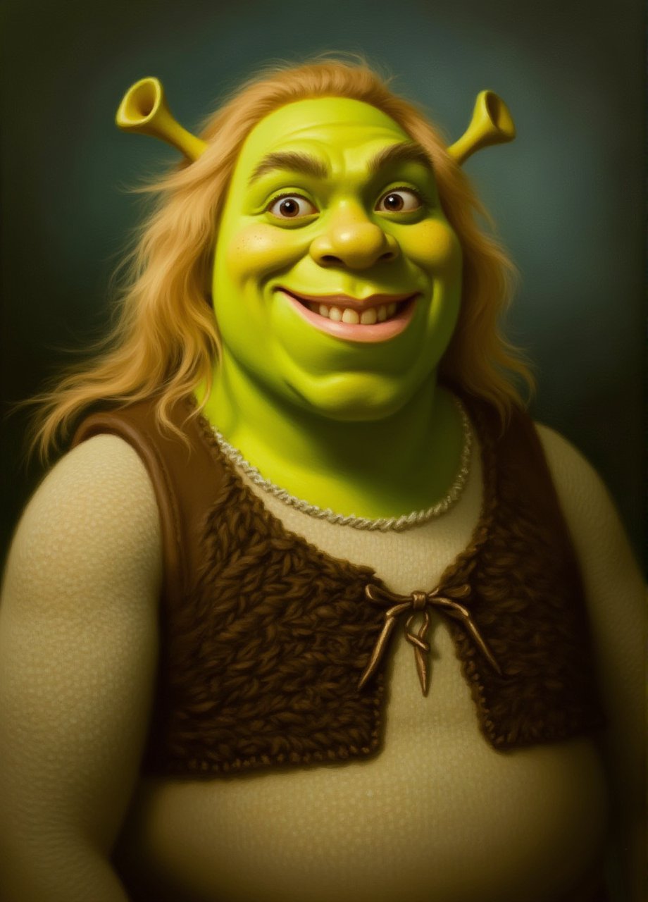 breathtaking pavsok Style artwork of Shrek, Blonde hair,(best quality, masterpiece:1.4) , (ultra high resolution:1.4) , extremely detailed, 