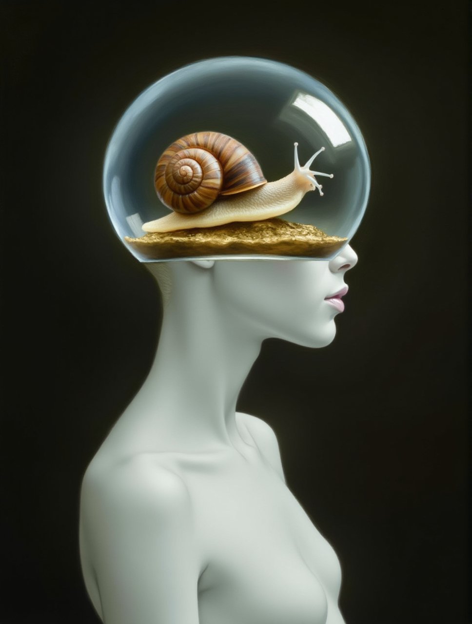 A surreal still life: The porcelain-skinned girl stands elegantly, her ethereal beauty contrasted by the glass sphere encasing her head, containing a mesmerizing snail with a shimmering shell and delicate body. Soft light casts kaleidoscope reflections on her skin as the snail glides slowly within its transparent sanctuary. ImgFixerPre0.3!,pavsok Style