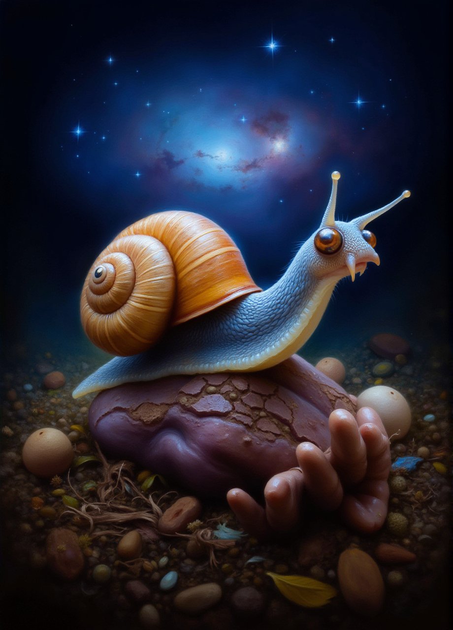 breathtaking pavsok Style artwork of iridescent bioluminesence, giant eyes, unusual anatomy, kodachrome, retro scifi, ethereal, masterpiece, UHD, HDR10, Canon EOS R5mysterious alien snail in the magic alien garden, nebula in the background, highly detailed