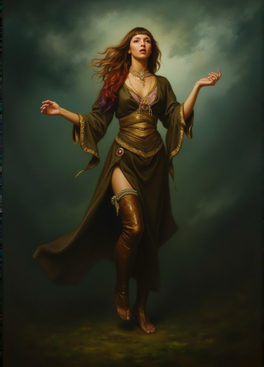 realistic photo of a Female Djinn, the Djinn is dressed in Greaves, Colored hair styled as Side-swept bangs, Stormy weather, dynamic composition, painting in pavsok Style 