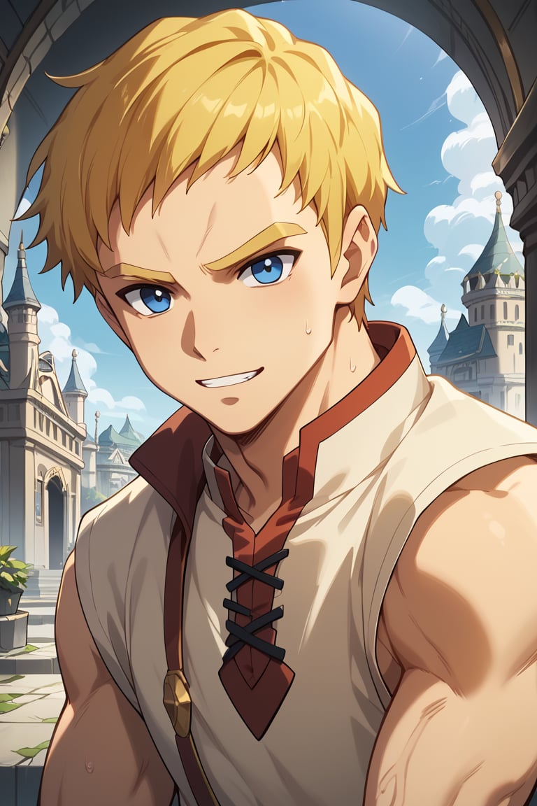 score_8_up, score_7_up, Expressiveh, masterpiece, best quality, best aesthetics, perfect anatomy, perfect proportions, high resolution, good colors, bright skin, good shading, countershading, well detailed background, BREAK, solo, 1boy, focus male, Climb, blonde hair, blue eyes, short hair, happy