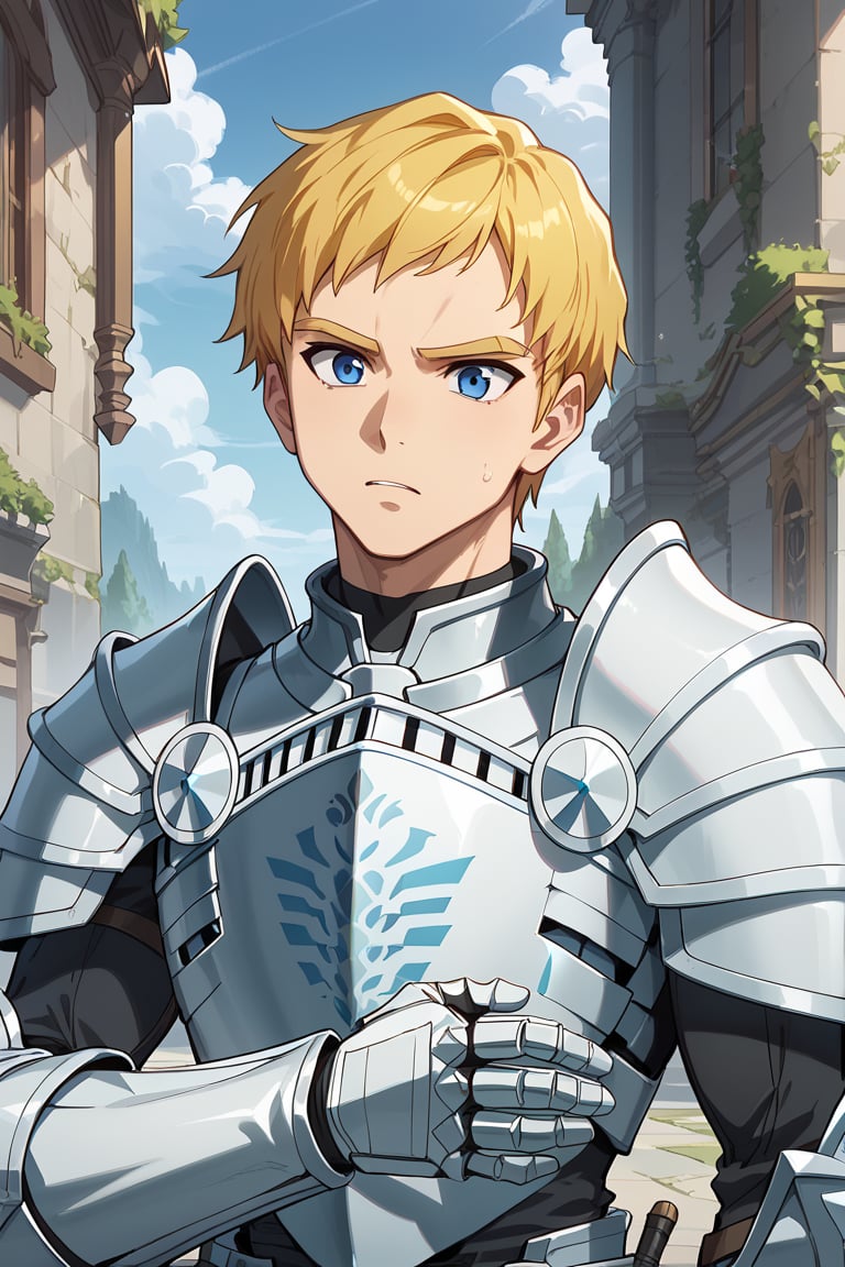 score_8_up, score_7_up, Expressiveh, masterpiece, best quality, best aesthetics, perfect anatomy, perfect proportions, high resolution, good colors, bright skin, good shading, countershading, well detailed background, BREAK, solo, 1boy, focus male, Climb, blonde hair, blue eyes, short hair, armor, breastplate, gauntlets, shoulder armor, pauldrons, armored boots, 
