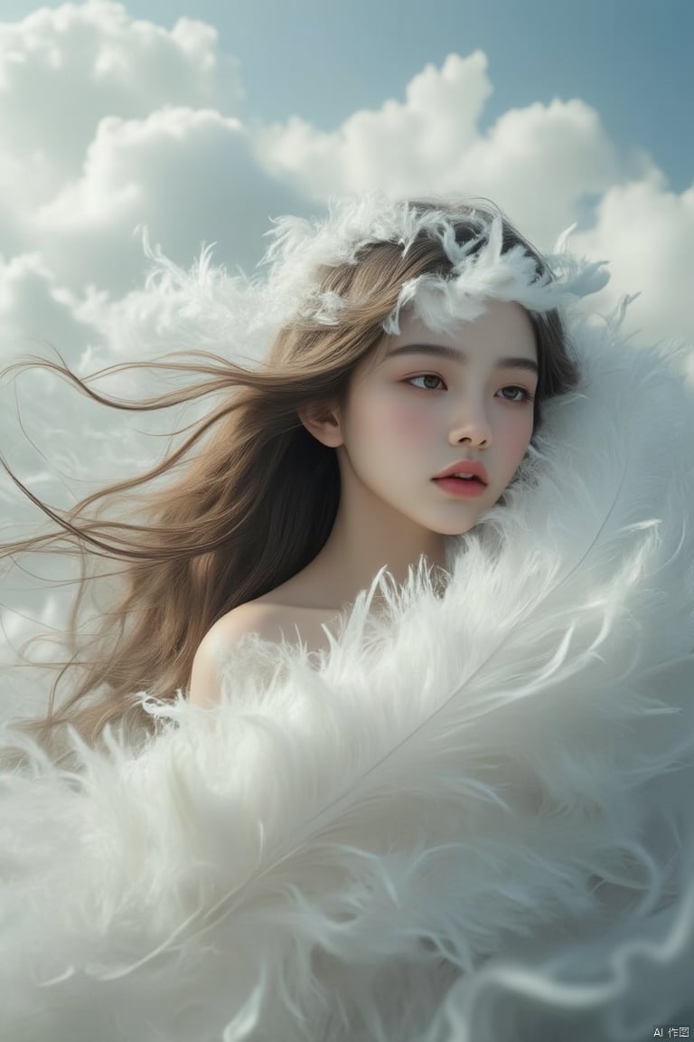 A girl wrapped in a massive white feather, amidst a sea of clouds with detailed textures, featuring exceptionally long hair and an atmospheric feel. The image captures the essence of a dreamy scene where the girl is embraced by nature's tender touch, full body shot, high quality, high-resolution picture.