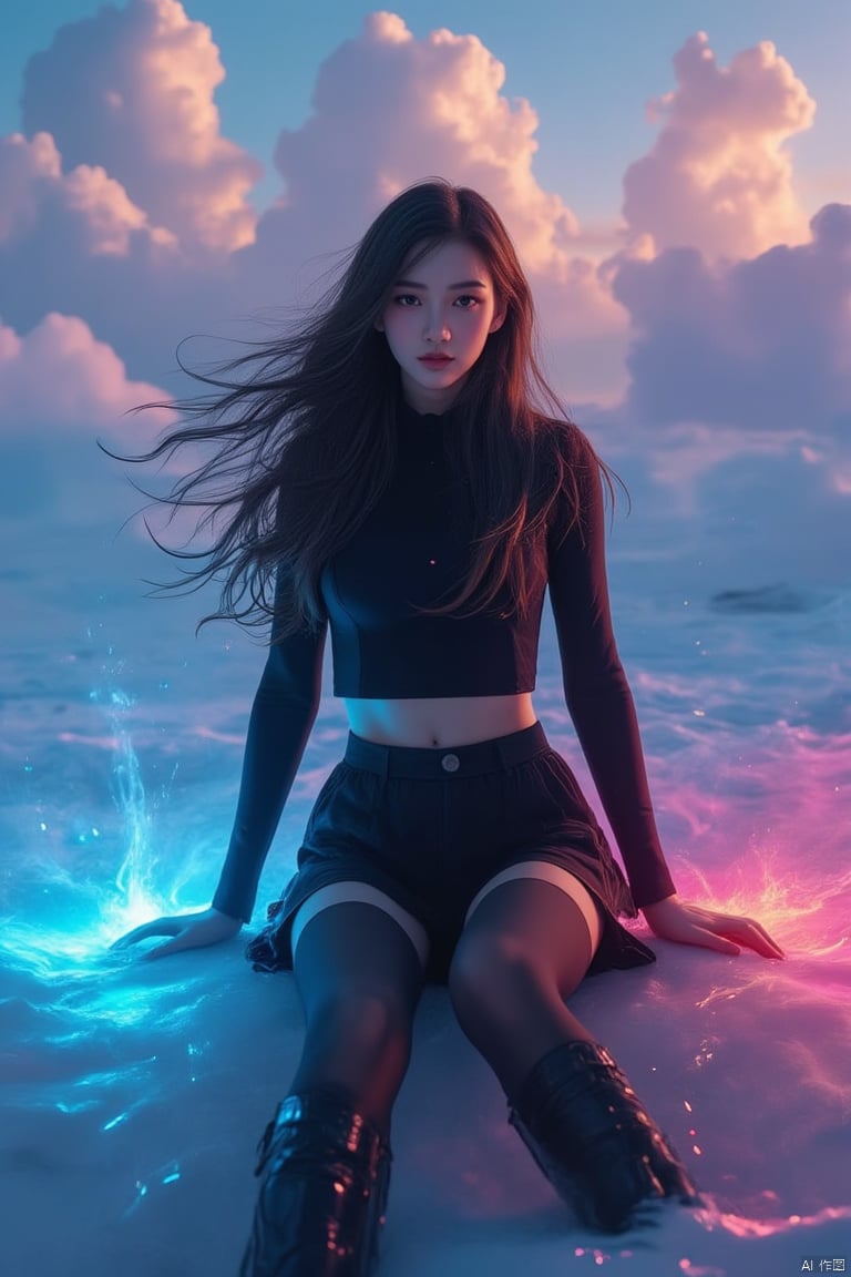 1 girl, single, (thigh: 1.2), black stockings, viewed from bottom to top, extreme perspective, skirt, long hair, sky, clouds, chest, daytime, arms raised, sitting, black skirt, crop top, brown hair, flowing long hair, wind, outdoor, boots, black shirt, blue sky, clouds, pink and blue neon lights