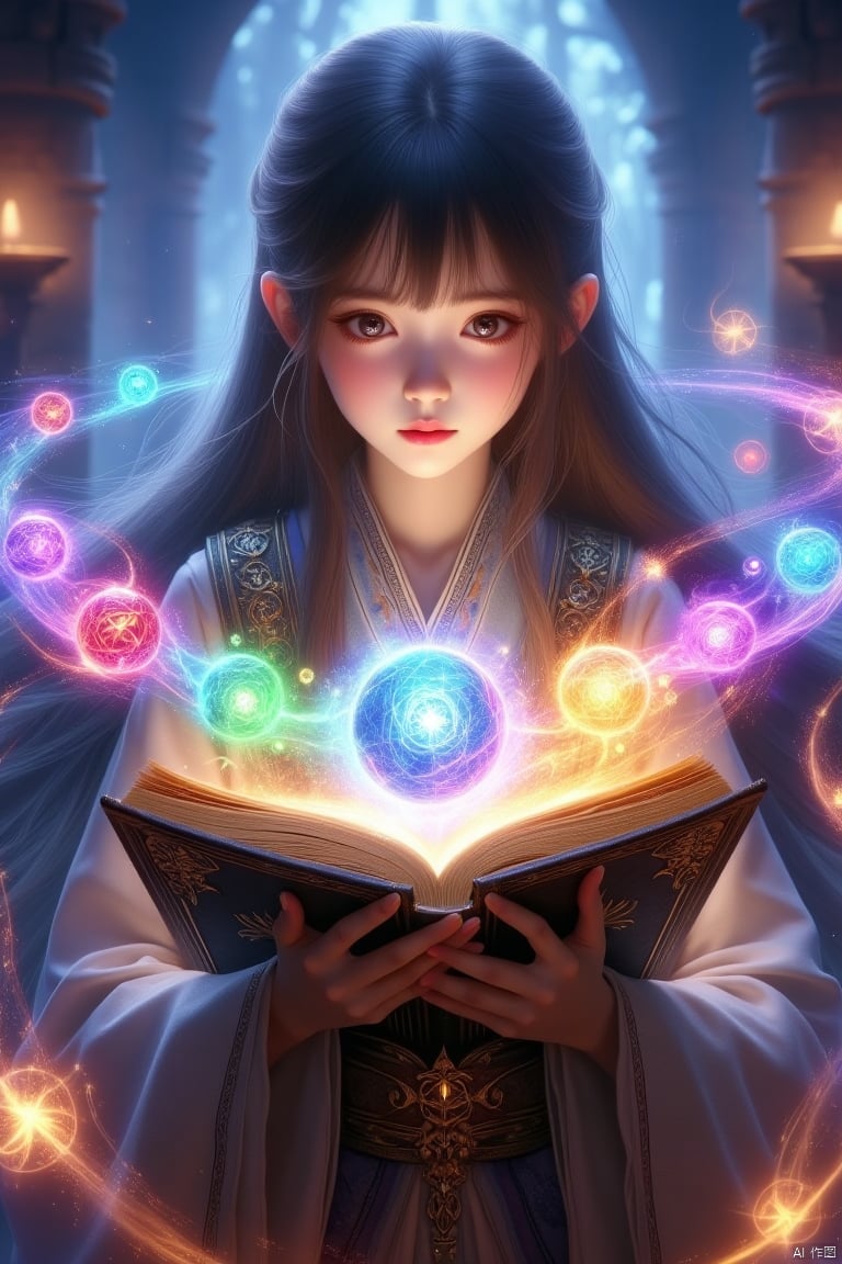 A girl with long hair reading a magic book from which colorful magic orbs are emanating, wearing a long-sleeved garment with wide sleeves and surrounded by a glowing effect, highly detailed and ultra-high resolution.