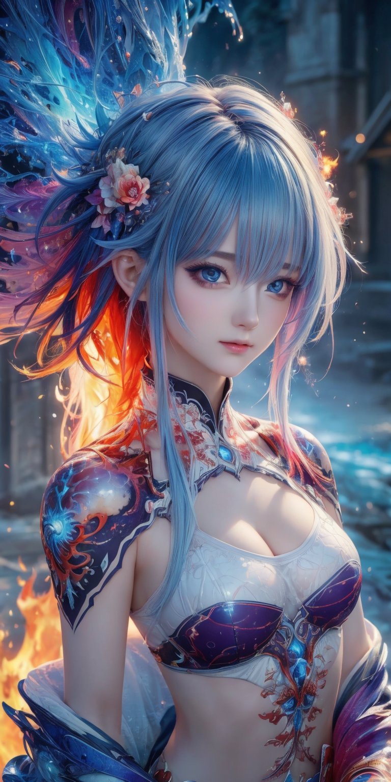 (masterpiece, top quality, best quality, official art, beautiful and aesthetic:1.2), (1girl), extreme detailed,(abstract, fractal art:1.3),colorful hair,highest detailed, detailed_eyes, fire, water, ice, lightning, light_particles, ghost,
