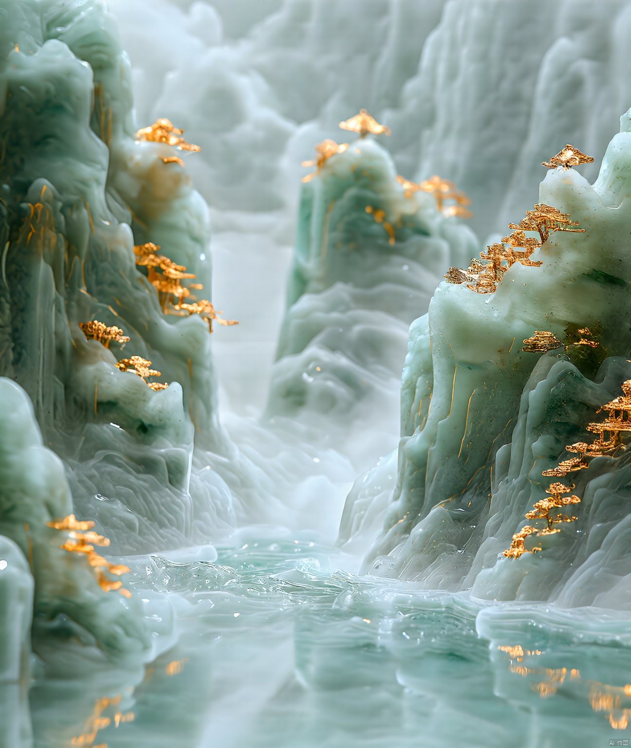 jade carving,Captured from a high-angle perspective,a detailed detailed view of a waterfall is depicted. The waterfall is made up of a variety of rocks,each with a unique texture and design. The rocks are covered in a layer of water,creating a stark contrast with the waterfall. The water is a light blue,with a reflection of the rocks in the water,adding a touch of nature to the scene. The scene is entirely entirely entirely blurred,with the rocks and trees in the foreground and the background in the background.