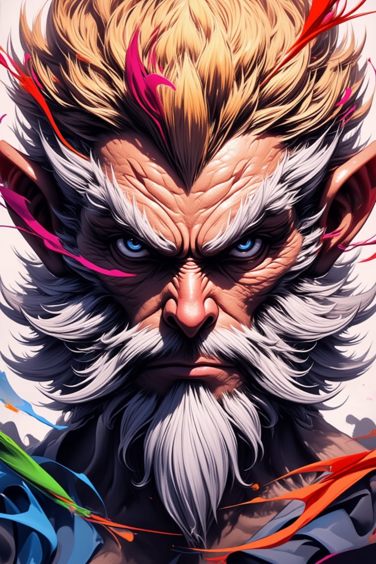 A majestic, close-up portrait of Wukong's wise and powerful head, rendered in exquisite ink art style with bold brushstrokes. His piercing eyes seem to gaze into the depths of eternity as a halo of subtle, swirling patterns surrounds his noble visage. Vibrant colors dance across the canvas, imbuing the masterpiece with an aura of mystique.,Ink art style