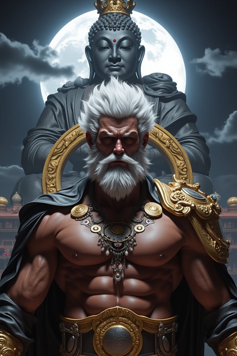 "Man, beard, chest muscles, chest hair, eight pack abs, jewelry, dynamic pose, eyes closed, white hair, night, full moon, armor, crown, reality, huge Buddha behind, a temple, plaque that says \"Tusi\""