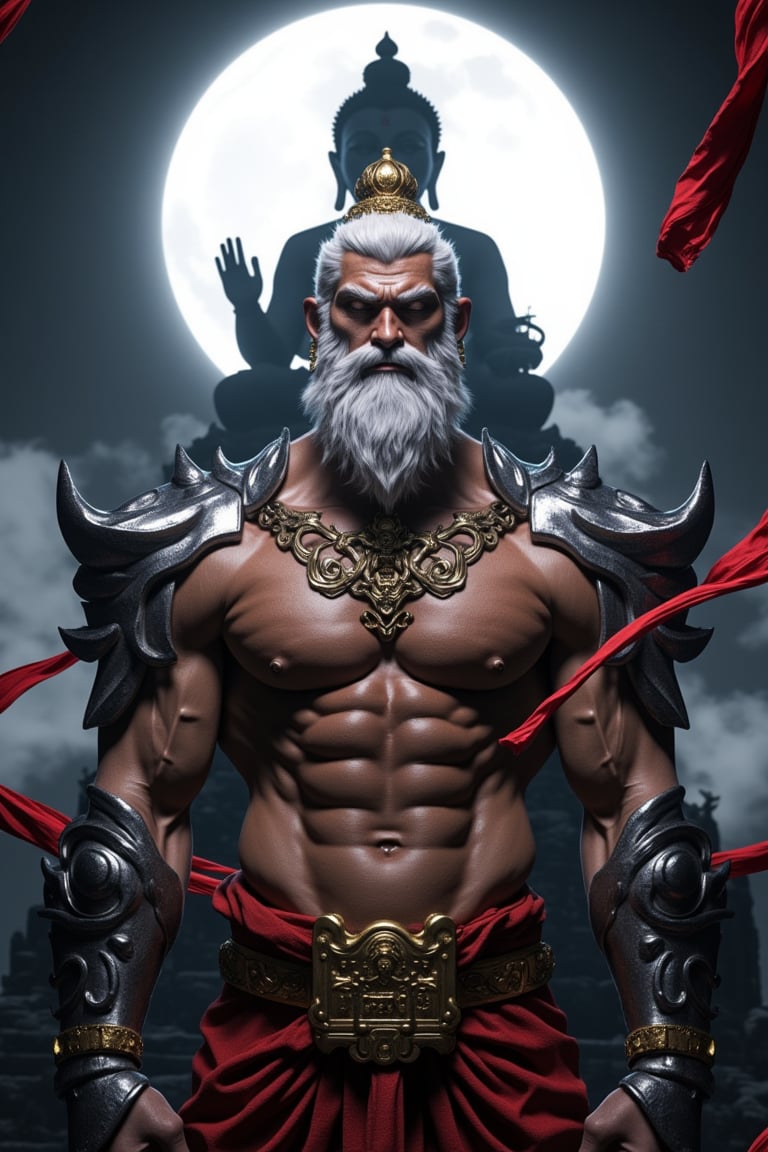 "Man, beard, chest muscles, chest hair, eight pack abs, jewelry, dynamic pose, eyes closed, white hair, night, full moon, armor, crown, reality, huge Buddha behind, a temple, plaque that says \"Tusi\""