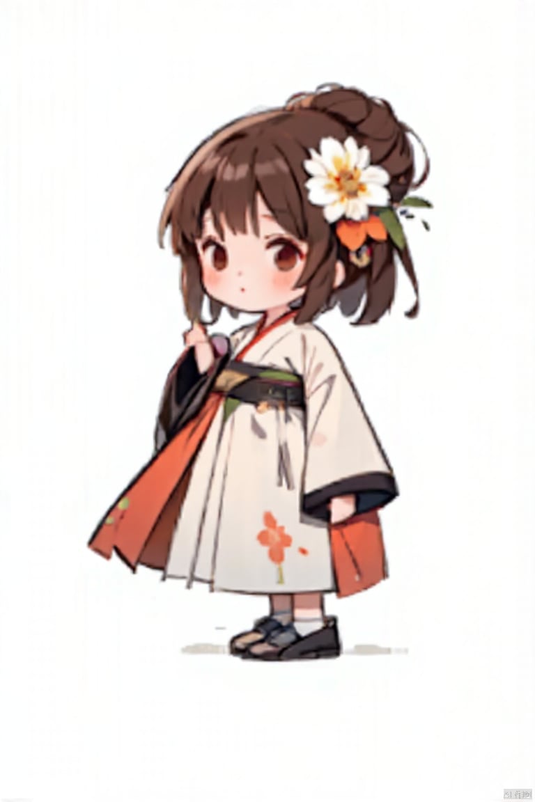 1girl, solo, blush, bangs, brown hair, hair ornament, long sleeves, holding, closed mouth, upper body, flower, ahoge, sidelocks, japanese clothes, hair flower, wide sleeves, kimono, hair bun, from side, grey eyes, petals, profile, umbrella, looking away, floral print, single hair bun, white flower, tassel, holding umbrella, oil-paper umbrella, green kimono
