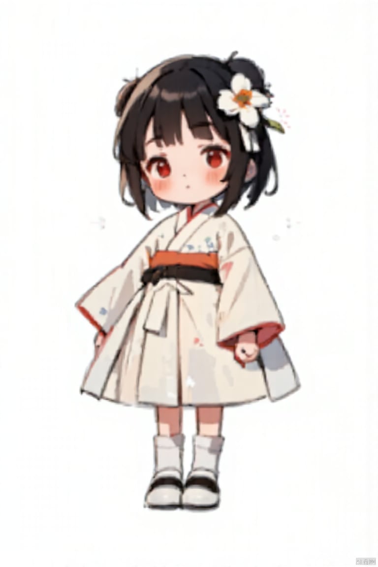 1 girl, Solo, watch audience, blush, short hair, bangs, skirt, simple background, black hair, hair accessories, black eyes, long sleeves, bow, hug, shut up, stand, body, flowers, shoes, socks, hair flowers, wide sleeves, kimono, Bun, black shoes, belt, double bun, Bouquet,