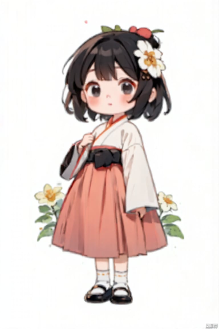 1 girl, Solo, watch audience, blush, short hair, bangs, skirt, simple background, black hair, hair accessories, black eyes, long sleeves, bow, hug, shut up, stand, body, flowers, shoes, socks, hair flowers, wide sleeves, kimono, Bun, black shoes, belt, double bun, Bouquet,