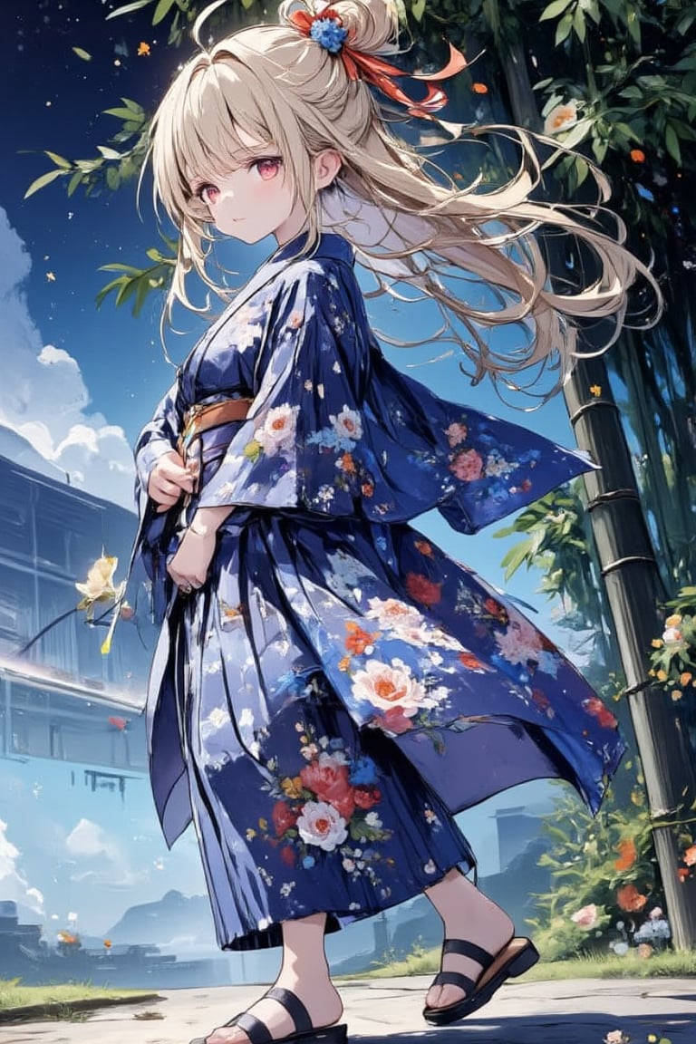 1 girl, solo, long hair, smiling, blushing, bangs, blonde hair, hair accessory, red eyes, long sleeves, ribbon, holding, standing, cowboy shot, full body, ponytail, ahoge, side locks, outdoors, traditional Japanese clothing, sky, wide sleeves, kimono, black footwear, side view, tree, obi, night, obi, floral print, sandals, scrunchie, stars \(sky\), nature, night sky, hair scrunchie, starry sky, yukata, blue kimono, patterned kimono, bamboo, Tanabata, tanzaku,acryli painting