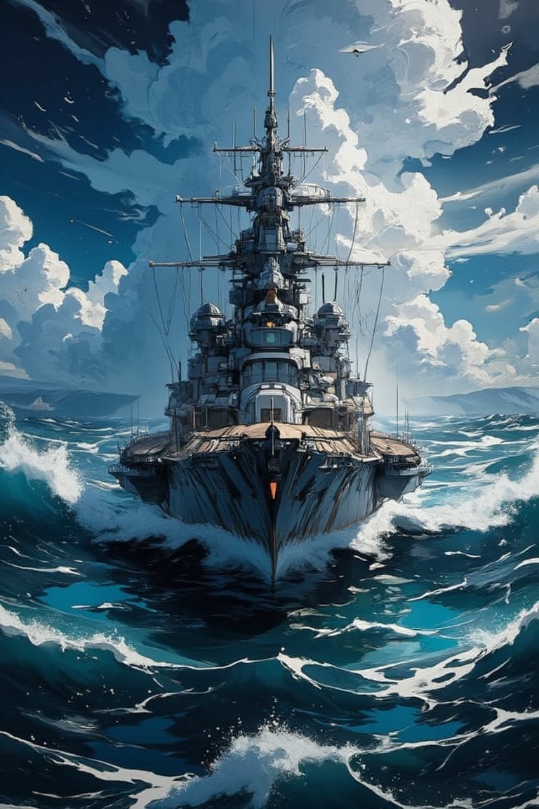 Space Battleship Yamato, sailing through stormy seas, Makoto Shinkai style, amazing detail, fantastical, mysterious, detailed background, it can't be ordinary, it has to be very complex in structure, it has to have a very high degree of randomness, it has to be an image that nobody has seen before, it has to be very original, it has to have incredible detail, it has to be of the highest artistry, it has to be the ultimate, failure is not an option,acryli painting