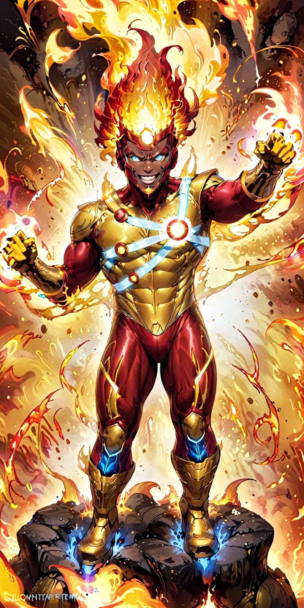 solo,1boy,male focus,dark skin,muscular,dark-skinned,fire,rainbow,superhero,fiery hair,red hair,boots,armor,bodysuit,superhero,red bodysuit,looking at viewer,gloves,teeth,glowing,helmet,clenched teeth,gold armor,molten rock,gloves,standing,full body,boots,signature,personification,yellow footwear,flame,yellow gloves,floating hair,glowing eyes,no pupils,clenched hands, aura, blue eyes, grin,quality 4k, quality 8k,high quality,DC,SuperHero, Firestorm_DC