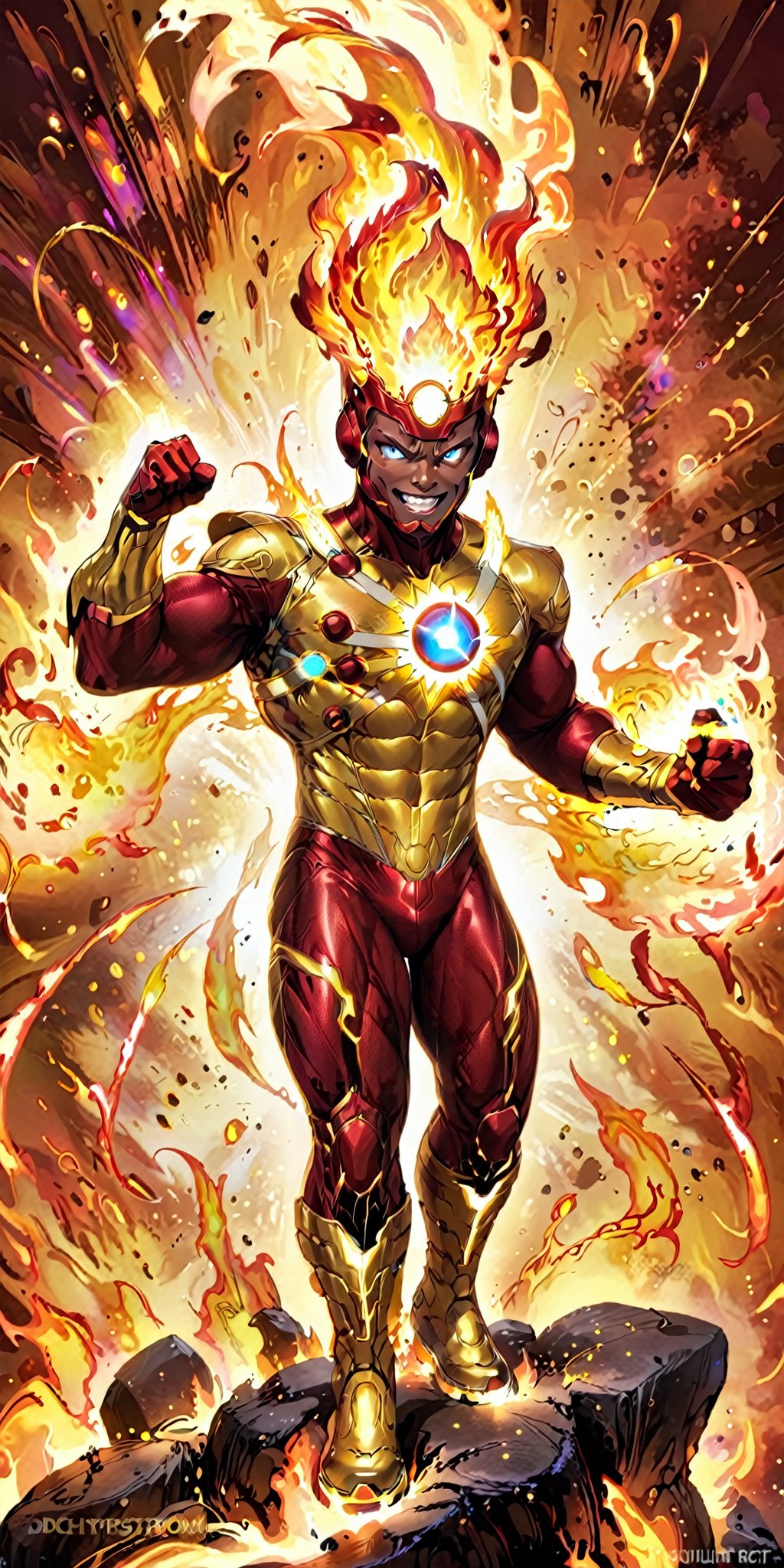 solo,1boy,male focus,dark skin,muscular,dark-skinned,fire,rainbow,superhero,fiery hair,red hair,boots,armor,bodysuit,superhero,red bodysuit,looking at viewer,gloves,glowing,helmet,clenched teeth,gold armor,molten rock,gloves,standing,full body,boots,signature,personification,yellow footwear,flame,yellow gloves,floating hair,glowing eyes,no pupils,clenched hands, aura, blue eyes, grin,quality 4k, quality 8k,high quality,DC,SuperHero, Firestorm_DC