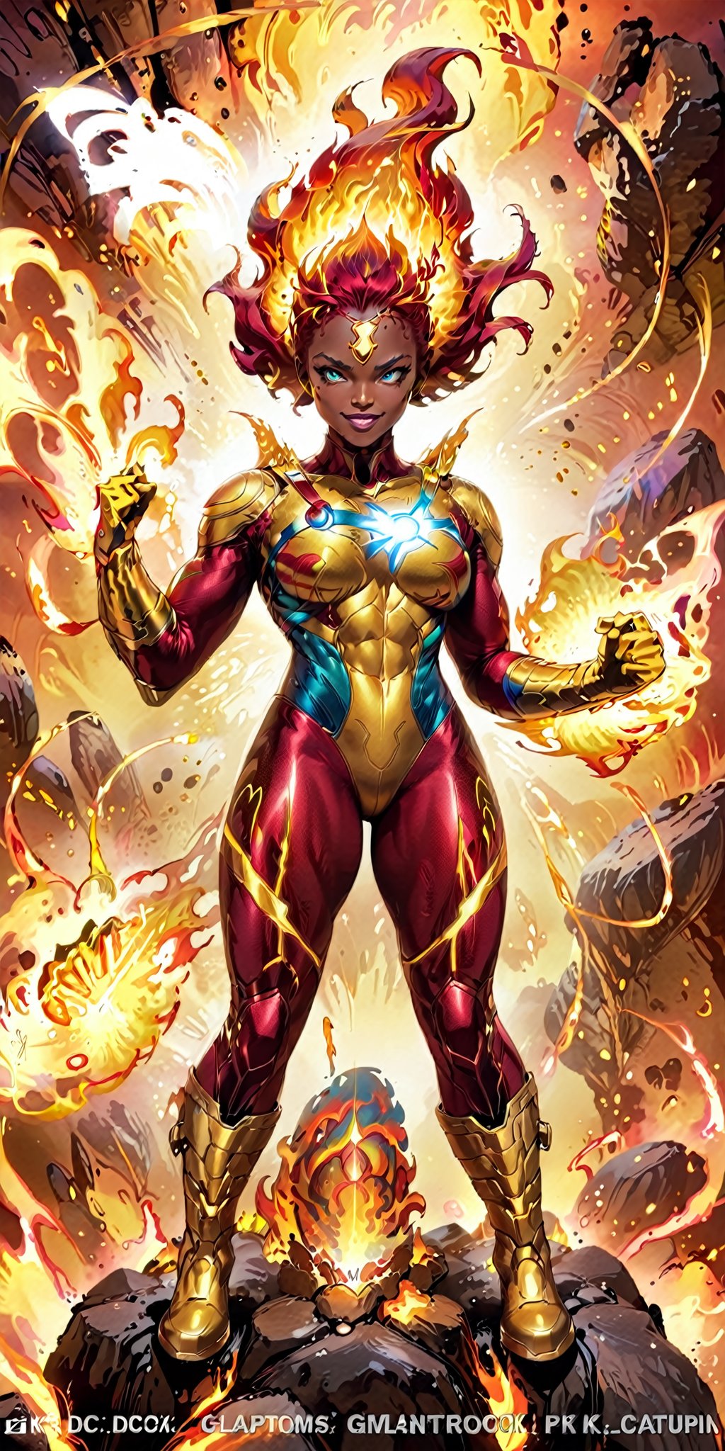 solo,1girl,female focus,dark skin,muscular,dark-skinned,fire,rainbow,superhero,fiery hair,red hair,boots,armor,bodysuit,superhero,red bodysuit,looking at viewer,gloves,glowing,clenched lips,gold armor,molten rock,gloves,standing,full body,boots,signature,personification,yellow footwear,flame,yellow gloves,floating hair,glowing eyes,no pupils,clenched hands, aura, blue eyes, grin,quality 4k, quality 8k,high quality,DC,SuperHero, Firestorm_DC