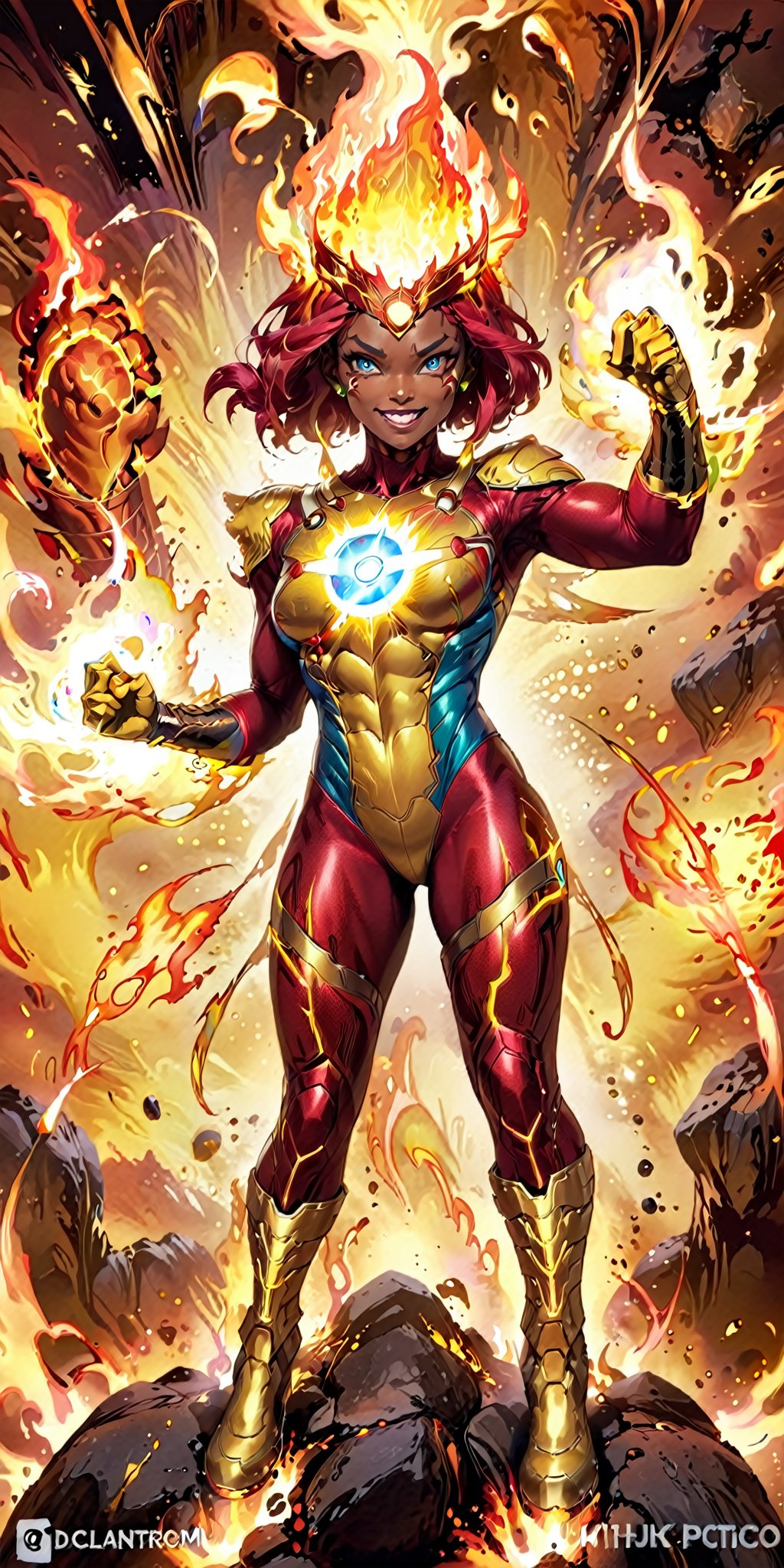 solo,1girl,female focus,dark skin,muscular,dark-skinned,fire,rainbow,superhero,fiery hair,red hair,boots,armor,bodysuit,superhero,red bodysuit,looking at viewer,gloves,glowing,helmet,clenched teeth,gold armor,molten rock,gloves,standing,full body,boots,signature,personification,yellow footwear,flame,yellow gloves,floating hair,glowing eyes,no pupils,clenched hands, aura, blue eyes, grin,quality 4k, quality 8k,high quality,DC,SuperHero, Firestorm_DC