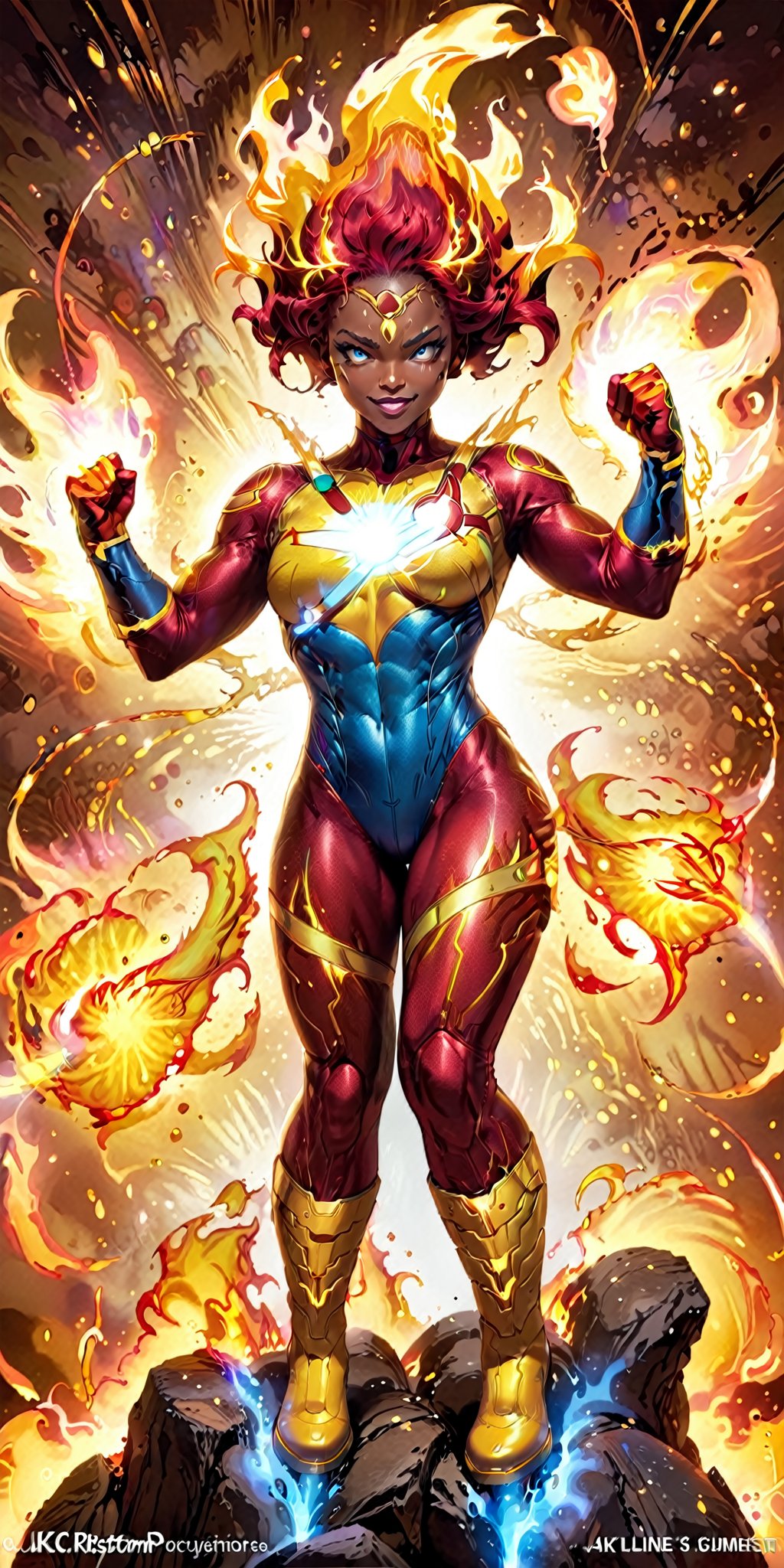 solo,1girl,female focus,dark skin,muscular,dark-skinned,fire,rainbow,superhero,fiery hair,red hair,boots,armor,bodysuit,superhero,red bodysuit,looking at viewer,gloves,glowing,clenched lips,molten rock,gloves,standing,full body,boots,signature,personification,yellow footwear,flame,yellow gloves,floating hair,glowing eyes,no pupils,clenched hands, aura, blue eyes, grin,quality 4k, quality 8k,high quality,DC,SuperHero, Firestorm_DC