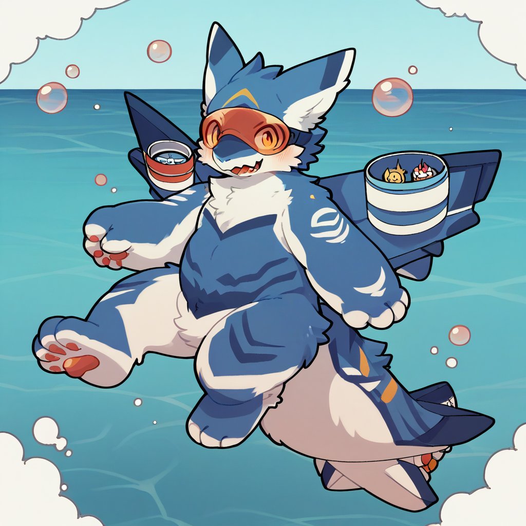 score_9, score_8_up, score_7_up, 1boy, anthro, planedragon, solo, paws, fluffy, visor,  kemono, mini base pose, mini base pose 2, bubbles, sea foam theme, ocean, blue fur, markings