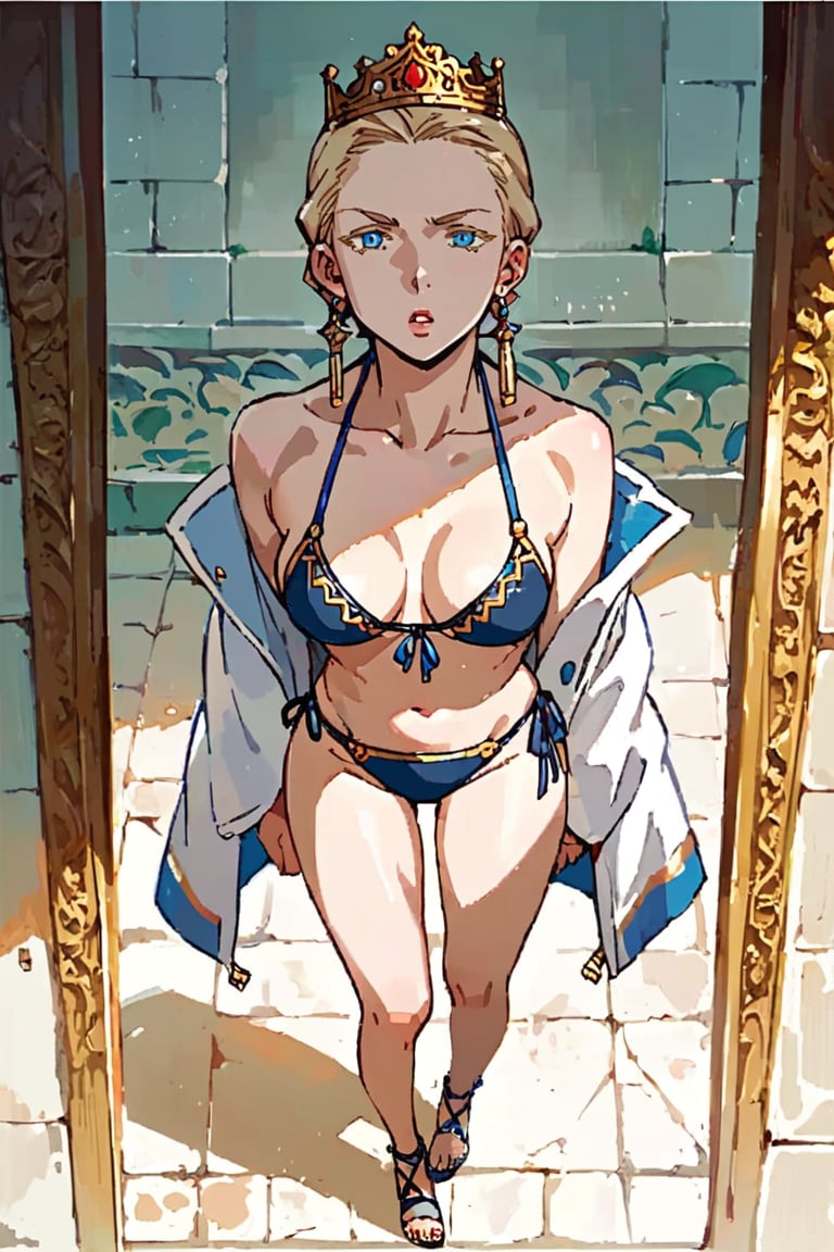 masterpiece, best quality, highly detailed, score_9, score_8_up, score_7_up, score_6_up, BREAK, source_Anime, TahamineXL,1girl, bikini,BREAK,source_anime, full_body 2:3, from above, blue_eyes, blond eyelashes, golden crown,