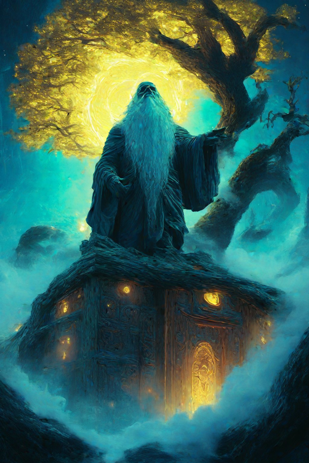 A majestic Odin perches upon Yggdrasil's gnarled branch, surrounded by swirling mist and radiant golden light. The All-Father's beard flows like a river of wisdom, as his piercing gaze surveys the realms. Glowing runes etch the ancient tree's bark, pulsing with mystical energy. In the background, Valhalla's gleaming halls rise like a shining citadel, its gates aglow with the fires of fate. The scene is set against a deep indigo sky, stars twinkling like diamonds scattered across the veil of the unknown.