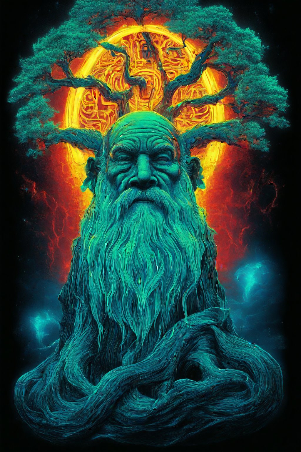 Epic artwork vector logo ,insane details odin hanging on yggdrasil, glowing runes, valhalla, 
