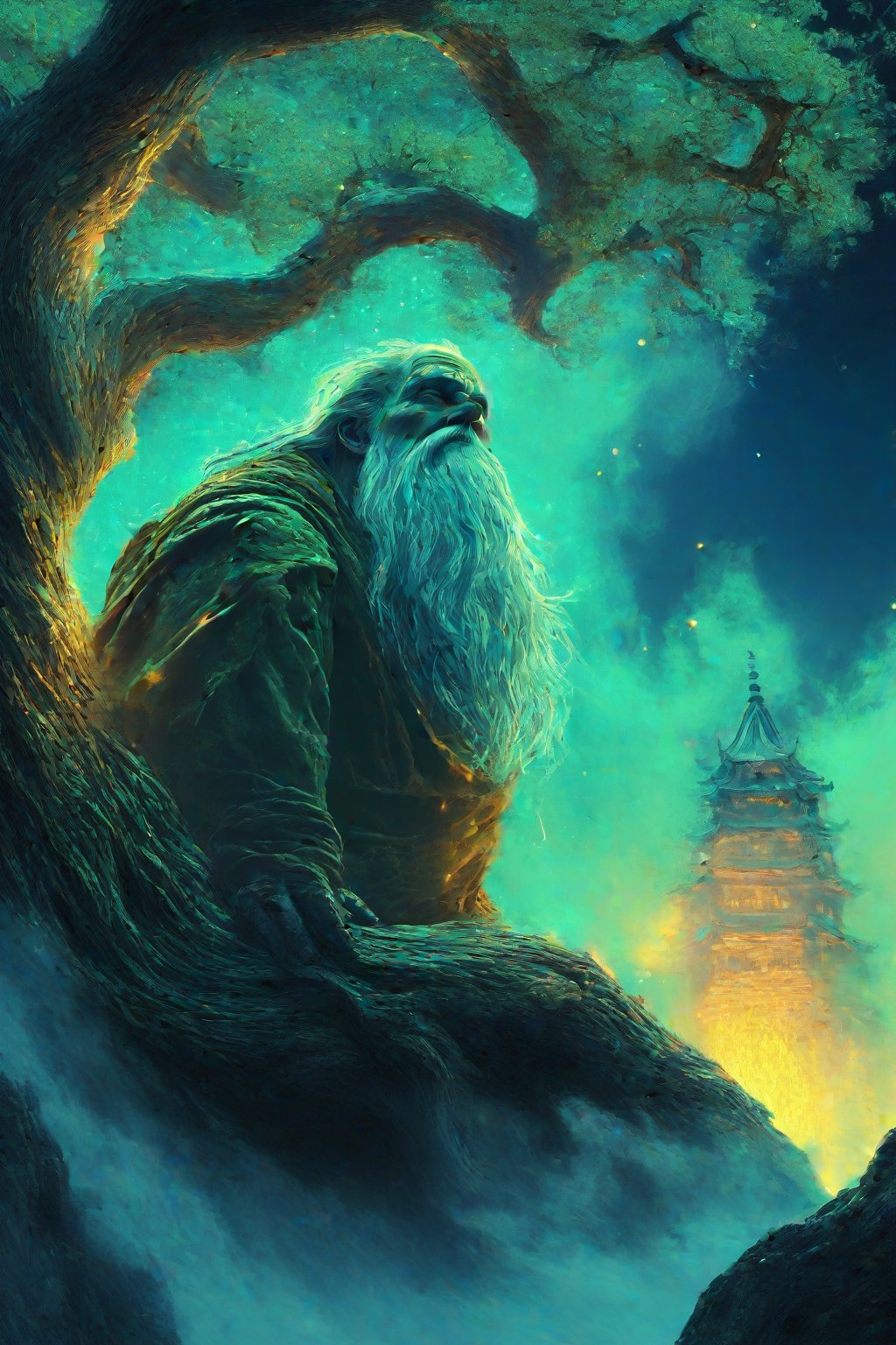 A majestic Odin perches upon Yggdrasil's gnarled branch, surrounded by swirling mist and radiant golden light. The All-Father's beard flows like a river of wisdom, as his piercing gaze surveys the realms. Glowing runes etch the ancient tree's bark, pulsing with mystical energy. In the background, Valhalla's gleaming halls rise like a shining citadel, its gates aglow with the fires of fate. The scene is set against a deep indigo sky, stars twinkling like diamonds scattered across the veil of the unknown.