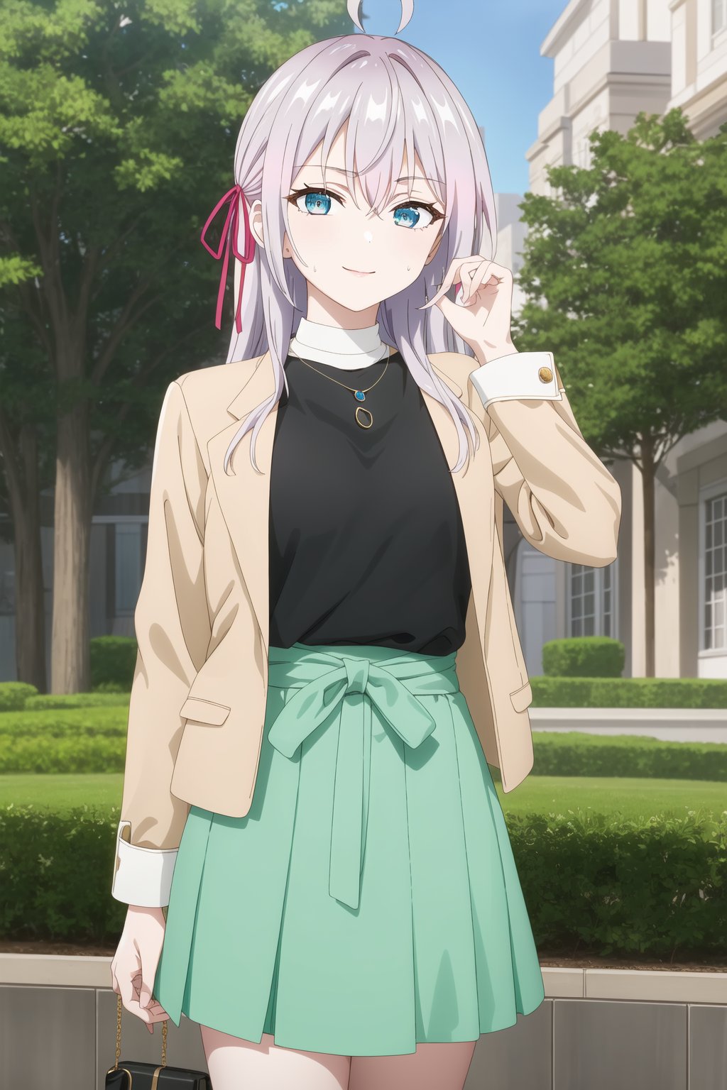  (best quality), (highly detailed), masterpiece, (official art), 1girl, solo, alya, long hair, grey hair, blue eyes, hair between eyes, hair ribbon, red ribbon, ahoge , smile, pose, jewelry, long sleeves, open clothes, necklace, bag, green skirt, brown jacket, handbag, sweatdrop, white sweater, open jacket, turtleneck, pendant, brown jacket, shopping