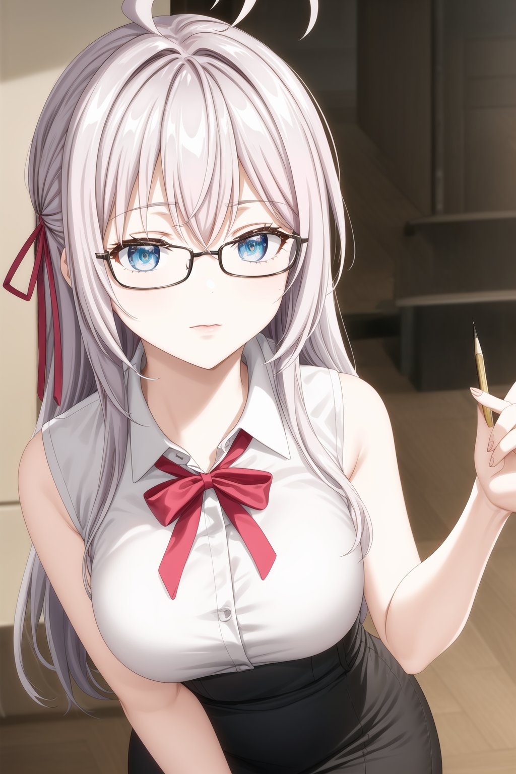 A close-up shot of alya, long hair, grey hair, blue eyes, hair between eyes, hair ribbon, red ribbon, ahoge, tShe looks elegant and professional. She is wearing a sleeveless, high-necked blouse, all black, which fits her figure in a stylish way. She pairs it with a high-waisted pencil skirt with a black and white geometric pattern, which gives her a modern and sophisticated touch. In addition, she wears dark-framed glasses that complement her office look. Her hair is tied up in a high bun, which adds an air of formality and professionalism to the outfit.