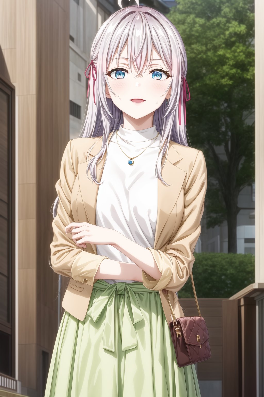  (best quality), (highly detailed), masterpiece, (official art), 1girl, solo, alya, long hair, grey hair, blue eyes, hair between eyes, hair ribbon, red ribbon, ahoge , smile, pose, jewelry, long sleeves, open clothes, necklace, bag, green skirt, brown jacket, handbag, sweatdrop, white sweater, open jacket, turtleneck, pendant, brown jacket, shopping