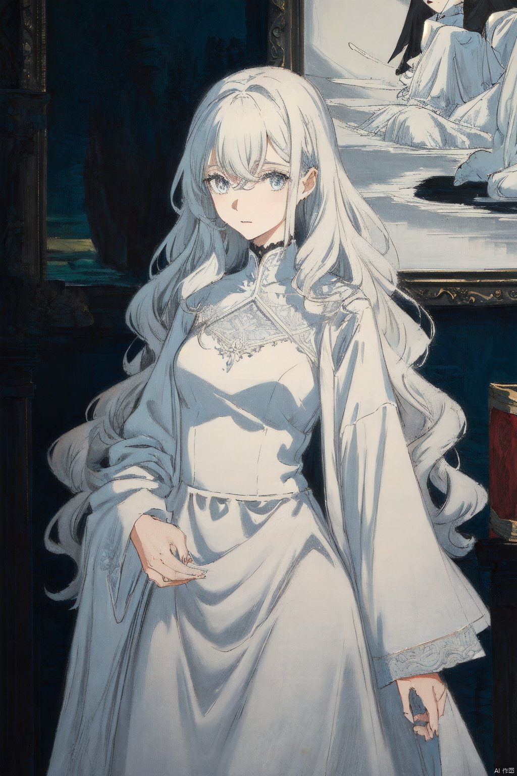 masterpiece, best quality, a woman in a white dress standing in front of a black and white painting. Her face is clearly visible, with her eyes looking off into the distance. Her hair is long and wavy, and her dress is flowing around her. The painting is intricate and detailed, with a variety of shapes and colors.