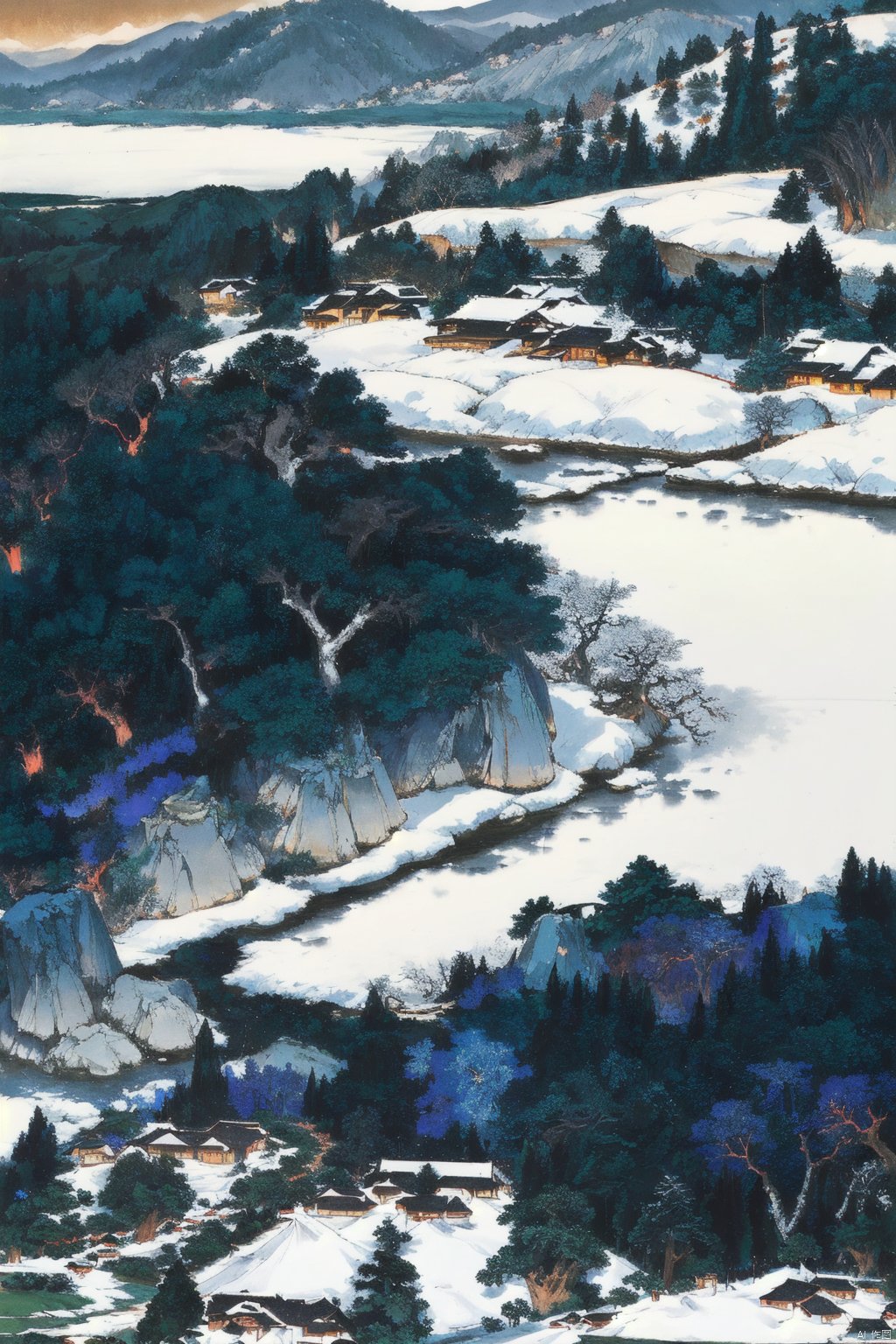 masterpiece, best quality, Chinese style countryside, snow covered fields, distant villages shimmering with a faint light, late night scenery, blue snow, orange shimmer