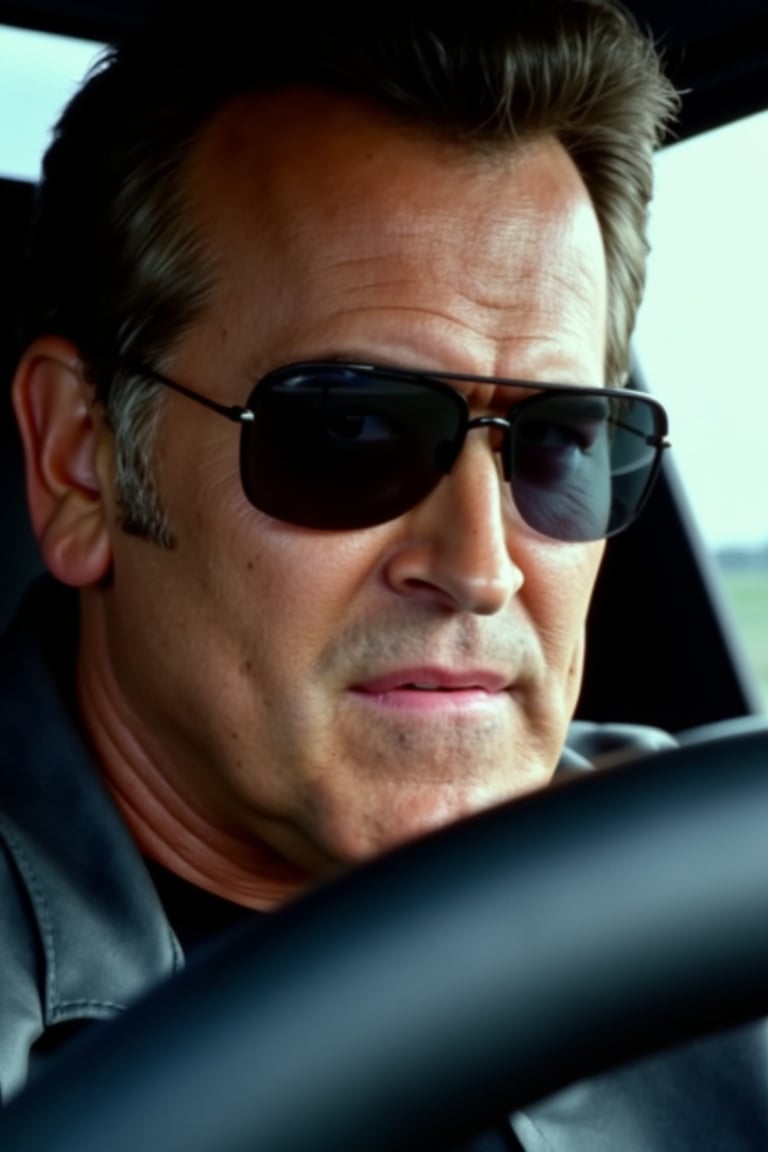 Fast-paced close-up of Bruce Campbell's determined face, his eyes squinting behind sunglasses as he grips a steering wheel in a high-octane racing scenario. The camera captures the rugged lines of his jawline and forehead, sweat glistening on his skin as he focuses on the track ahead.