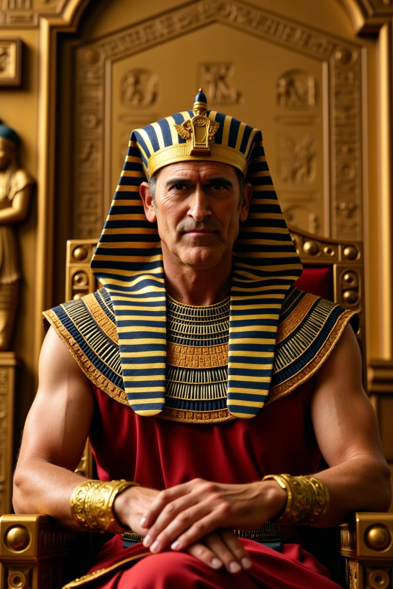 bruc3campb3ll, an middle aged man, dressed as an ancient Egyptian pharaoh, sitting on a golden throne in a grand palace, surrounded by hieroglyphs and statues of gods. upper body pose, face focus