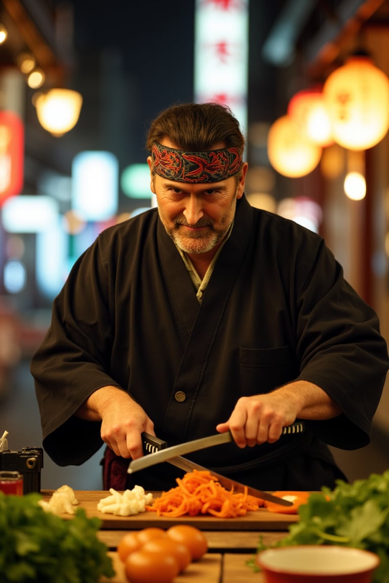 bruc3campb3ll, a middle aged man, as a samurai chef, wearing a traditional kimono and headband, skillfully slicing vegetables with a katana in a busy, neon-lit Japanese street market.. upper body pose, face focus